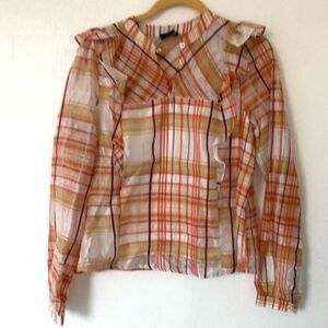 NWT  Anthropology Size XS Scandi Girl Fairy Cottage Core Ruffle L/S Plaid Blouse